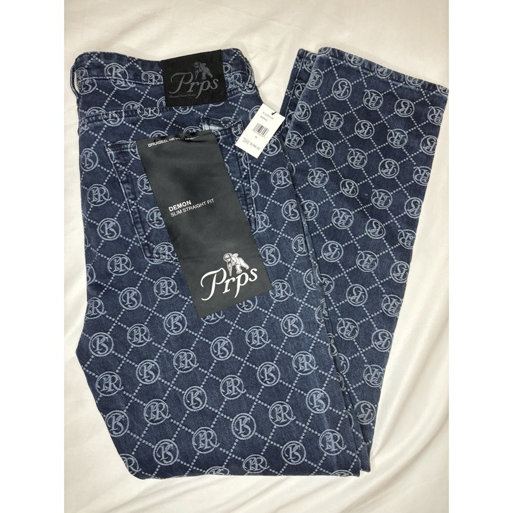PRPS Demon Jeans Mens 38x34 Blue Monogram Slim Straight Designer Denim NWT $298